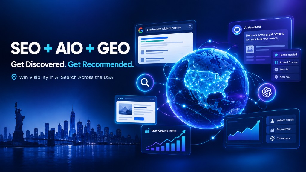 SEO, AIO, and GEO graphic about getting discovered in AI search across the United States